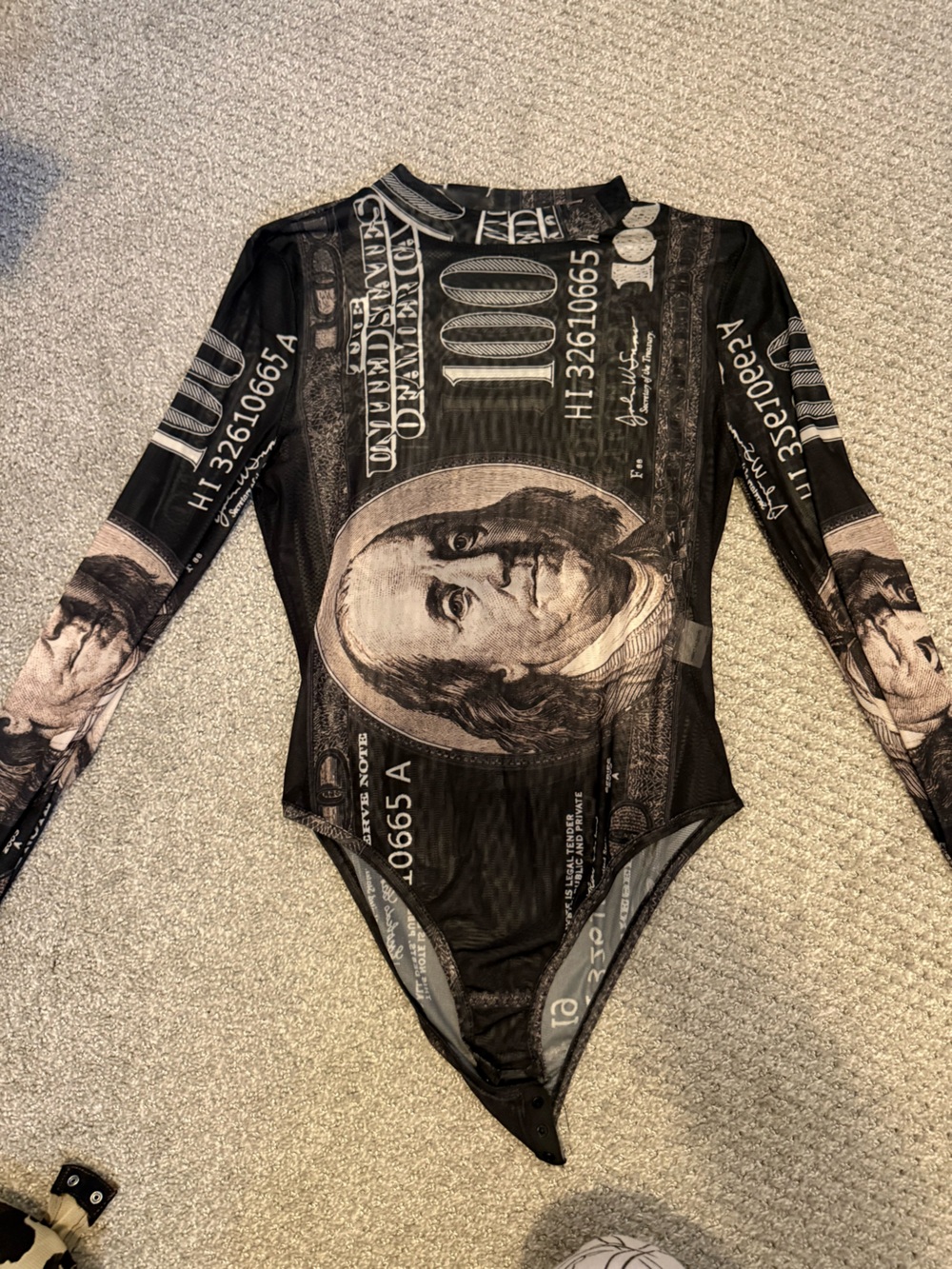 Black Graphic Money-Print Long Sleeve bodysuit